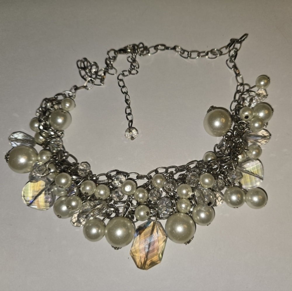 Treska Silver Faux Pearl and Iridescent Crystal Cluster Statement Bib Necklace - Picture 4 of 7